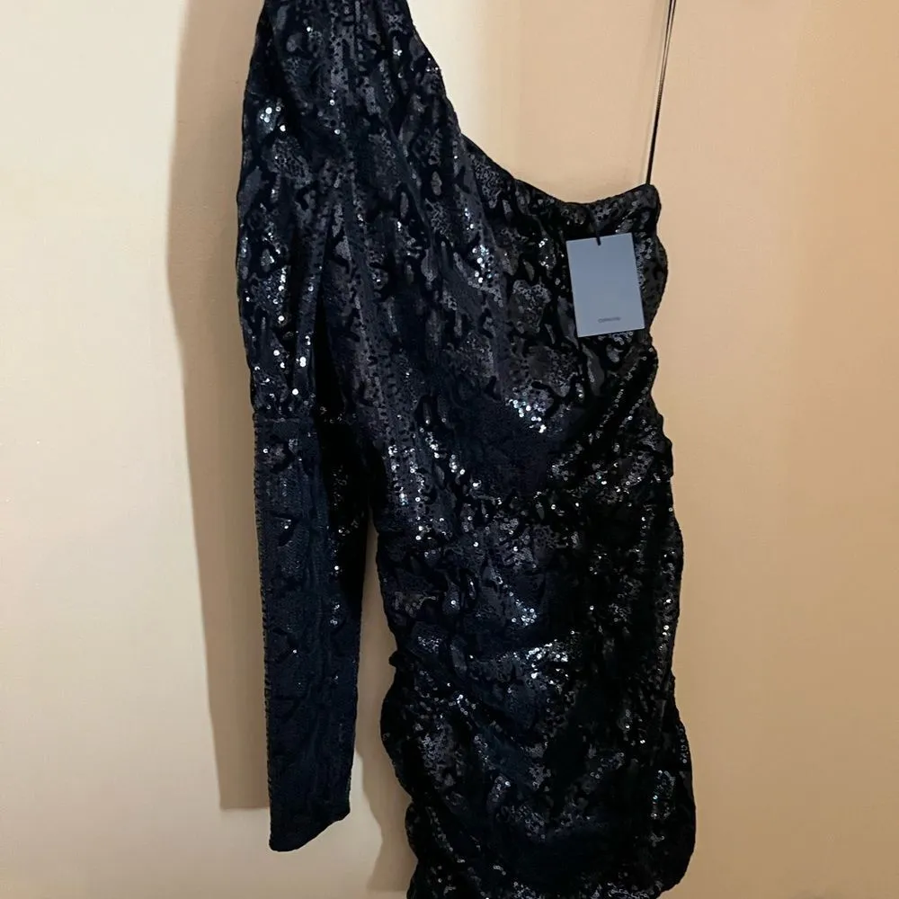 Nbd one shoulder puff black sequin mini dress small - Image 4