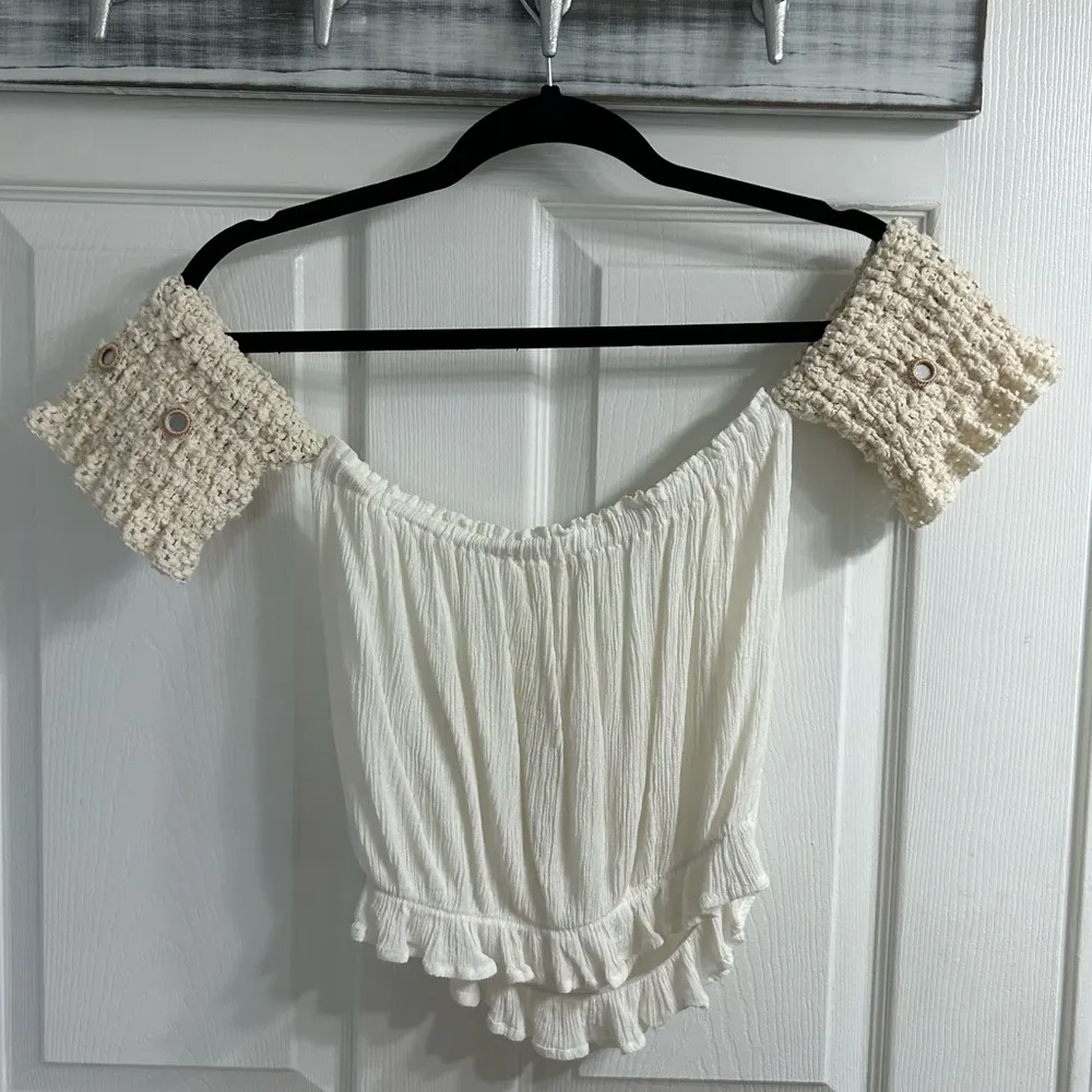Ocean drive white/cream crochet boho mirror embellished off shoulder crop top - Image 2