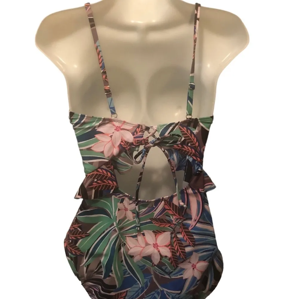 Floral Cut Out One Piece Swimsuit XL Ruffled Lace Up Back Coconuts - Image 2