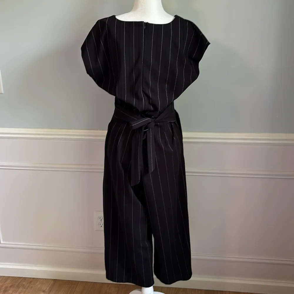 bishop + young Black Cropped Wide Leg Jumpsuit Pinstripes V-Neck Size Large - Image 8