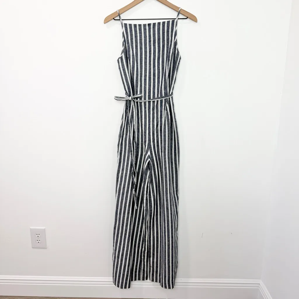 Madewell Pleated Wide Leg Jumpsuit in Pinstripe Linen NWT Navy White Size 2 - Image 4
