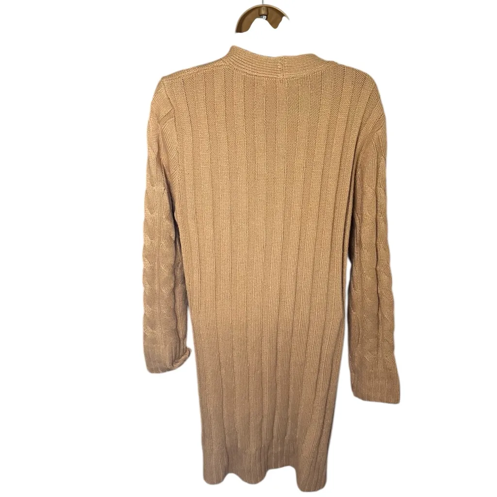 MEROKEETY Cable Knit Cardigan Longline Button Front Tan L - Image 2