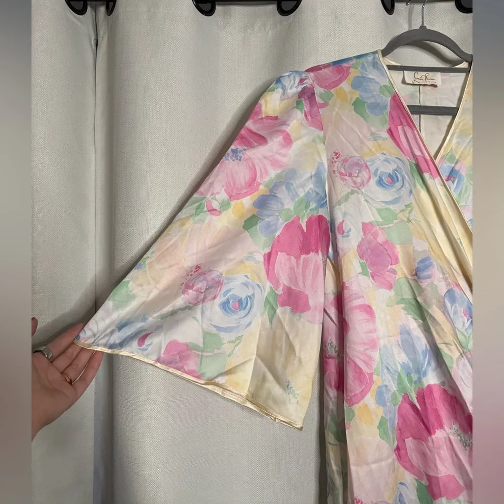 Vintage Lucie Ann Satin Pastel Floral Robe Neglige Medium White - Image 4