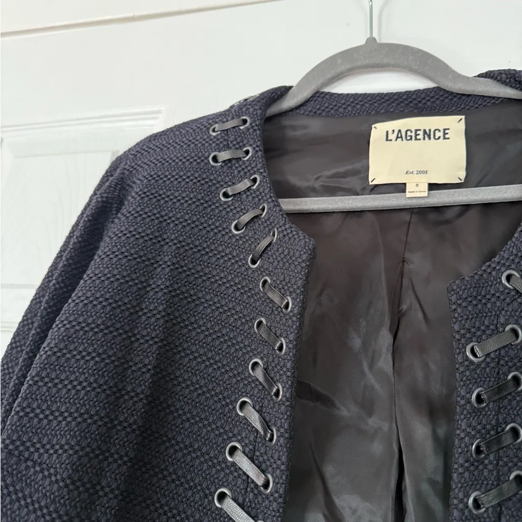 L'Agence Leather Detail Military Textured Blazer Jacket Edgy Unique Grunge - Image 5