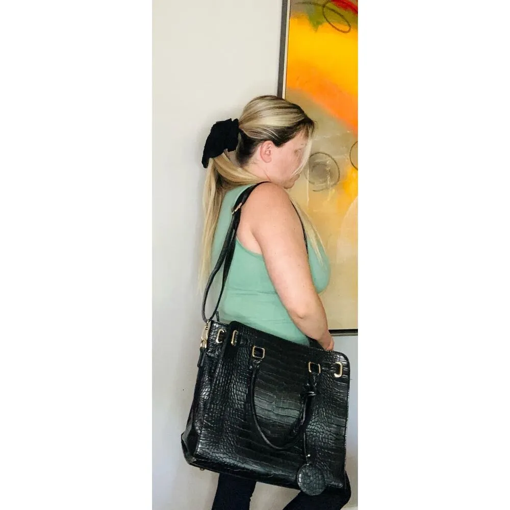 Unbranded Black Crocodile Patterned Genuine Leather Shoulder Straps Tote Bag - Image 10