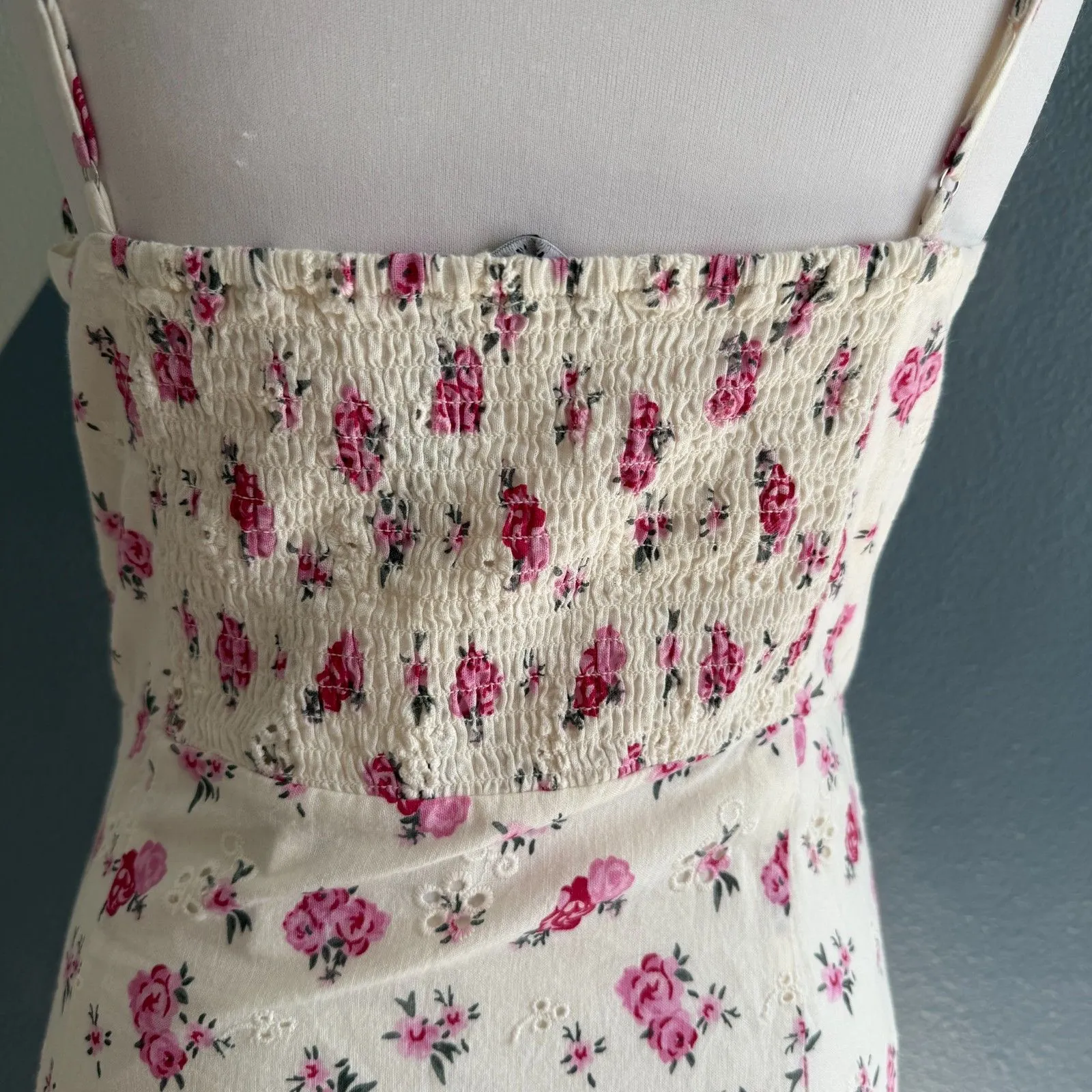 Zara Linen Floral Bustier Eyelet Smocked Midi Dress Size Large - Image 10