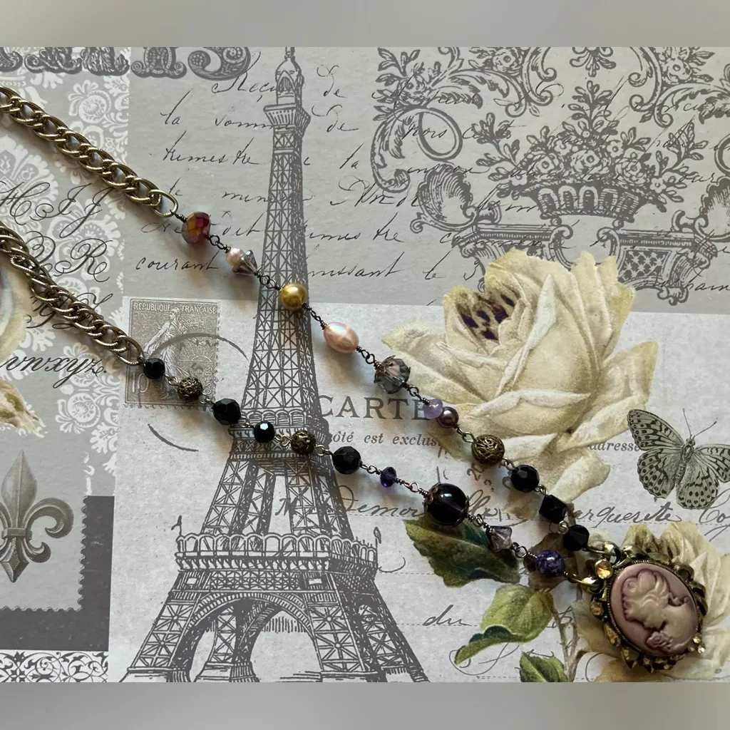 Cameo Vintage Brooch Reourposed with crystals and gemstones  Necklace - Image 4