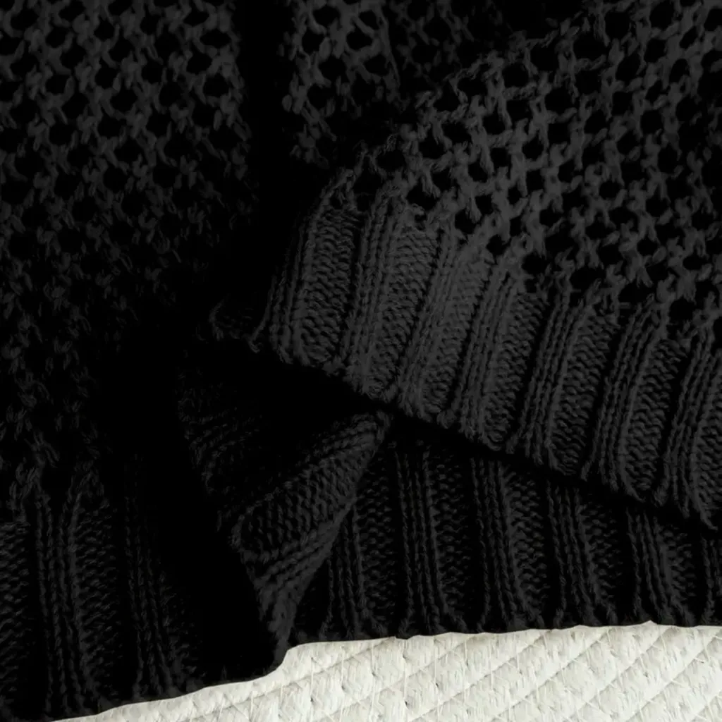 Open Stitch Black Acrylic Knit V Neck Sweater Size L - Image 4