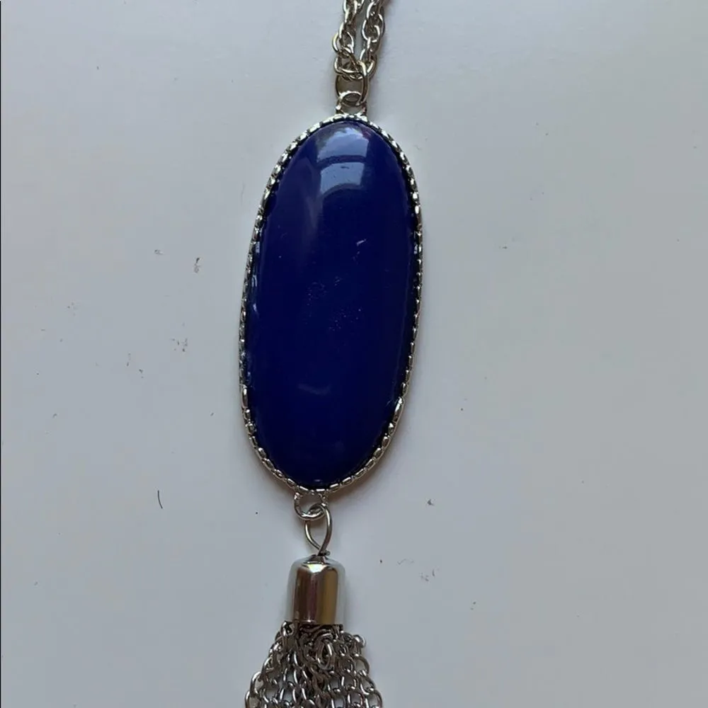 Boho Faux Lapis Long SilverChain Pendant Necklace - Image 4