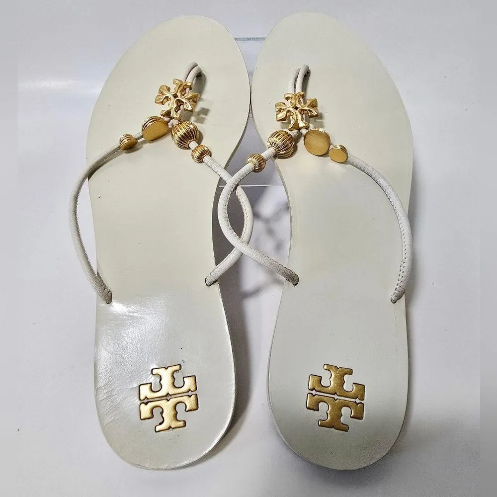 Tory Burch Capri  Beaded Leather  Tong Sandal/ Ivory/Gold Size 9 - Image 7