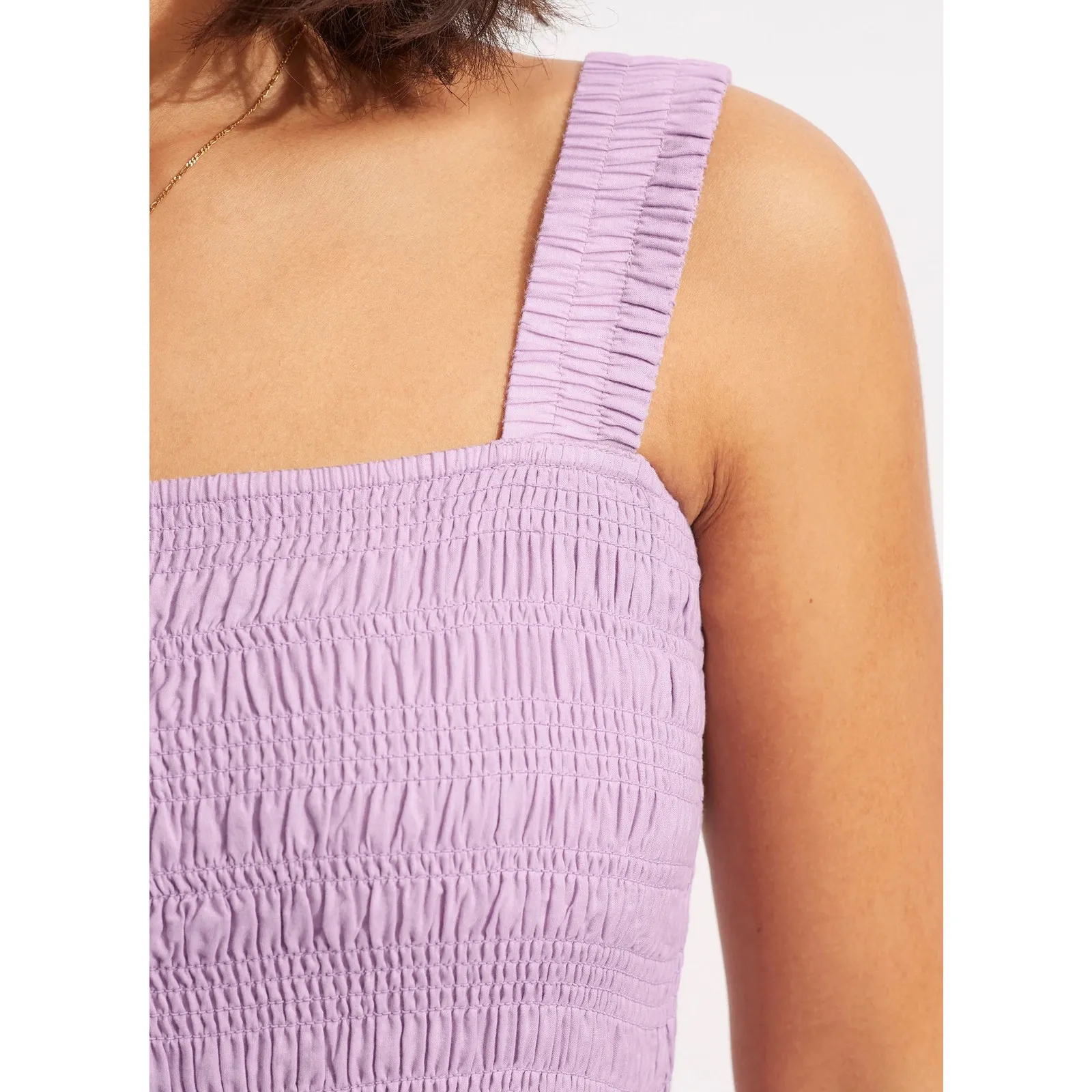 Seafolly Australia Lilac Boathouse Dress 100% Cotton Lined Smocked Airy Large Purple - Image 3