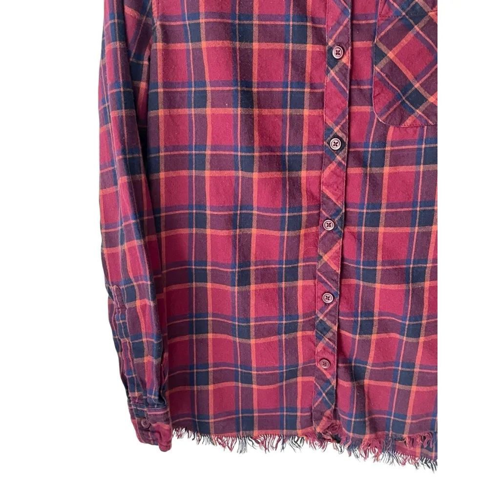 Beach Lunch Lounge Plaid Flannel Shirt Womens XS Red Button Up Boyfriend Pocket - Image 4