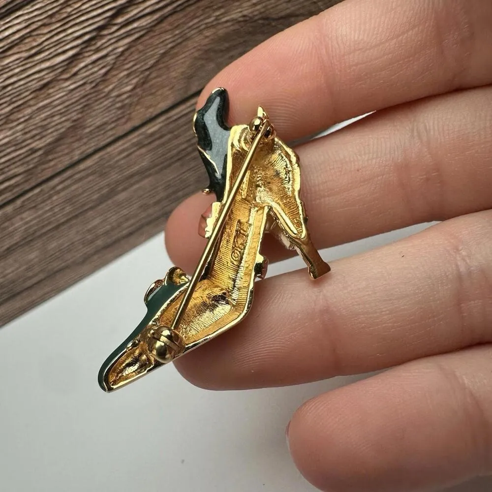 Kenneth Jay Lane KJL Green Enamel High Heel Shoe Brooch Pin Gold - Image 6