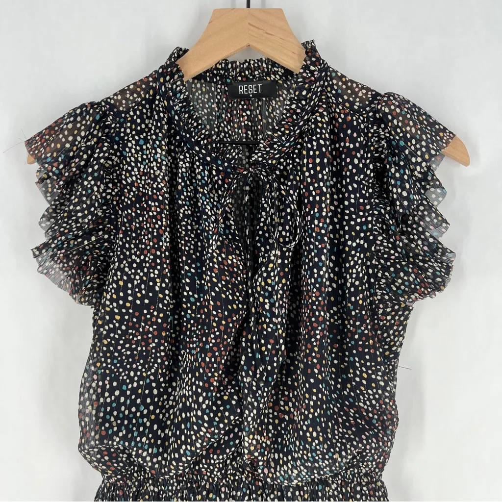 RESET Jenna Dress‎ Multicolor Polka Dot Smocked Waist Ruffle Sleeve Dress Size M Black Size M - Image 3
