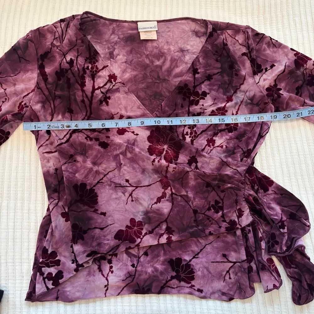 Y2K 90's Whimsical Tie Dye Floral Velvet Mesh Women's Faux Wrap Top Size Large - Image 9