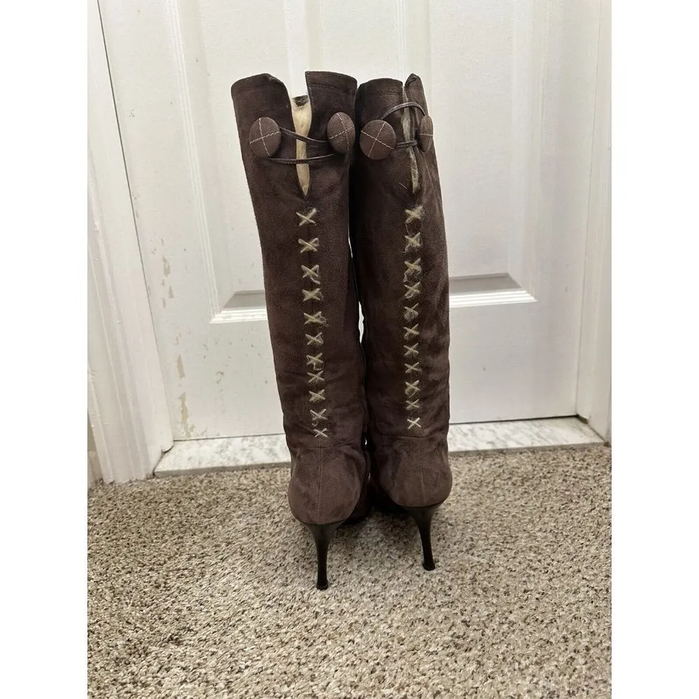 Vicini Made In Italy Tan Suede Faux Fur Lined Knee High Pointed Toe Boots Sz 8 - Image 2