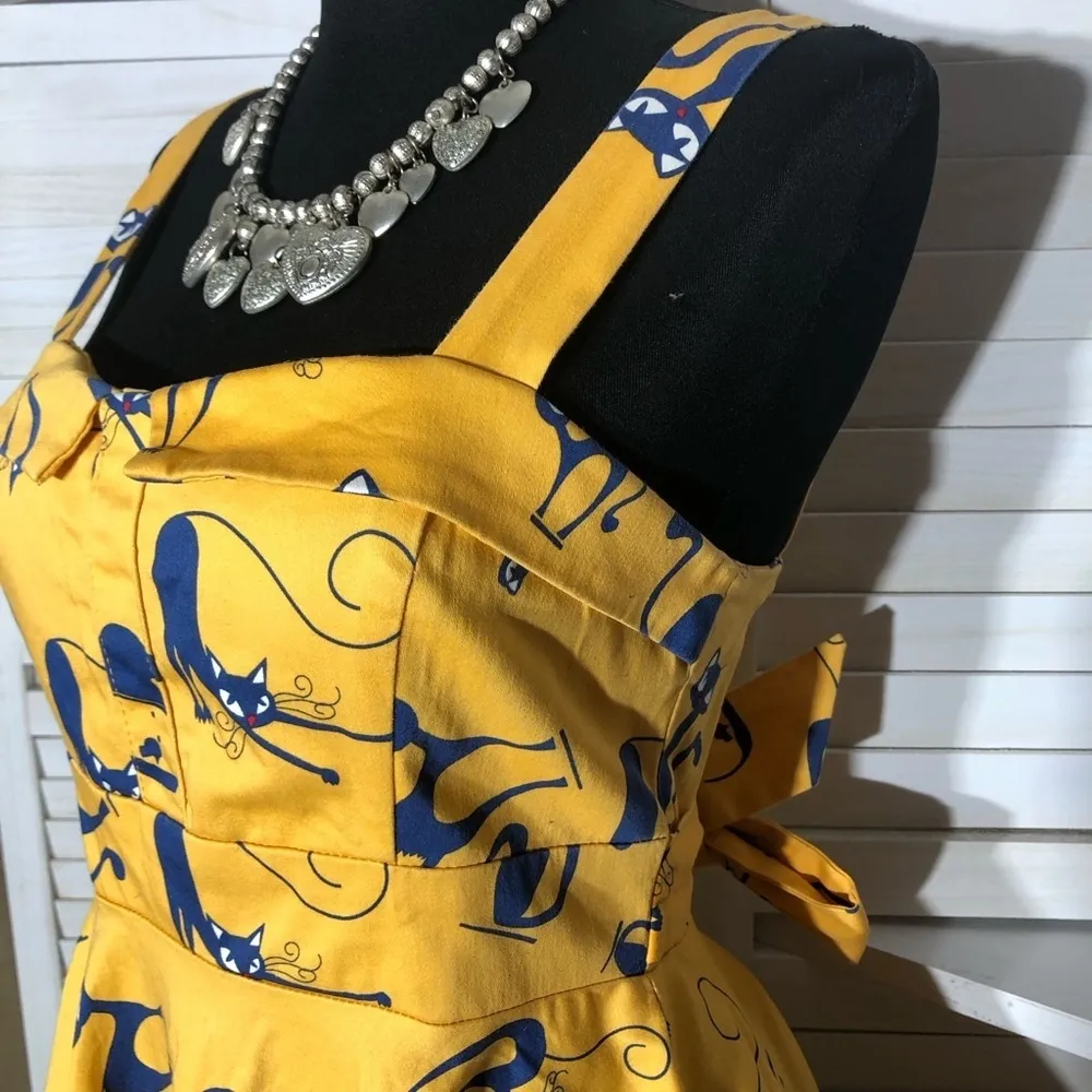 Vintage IXIA Cat Print Mini Dress Yellow Blue Small - Image 6