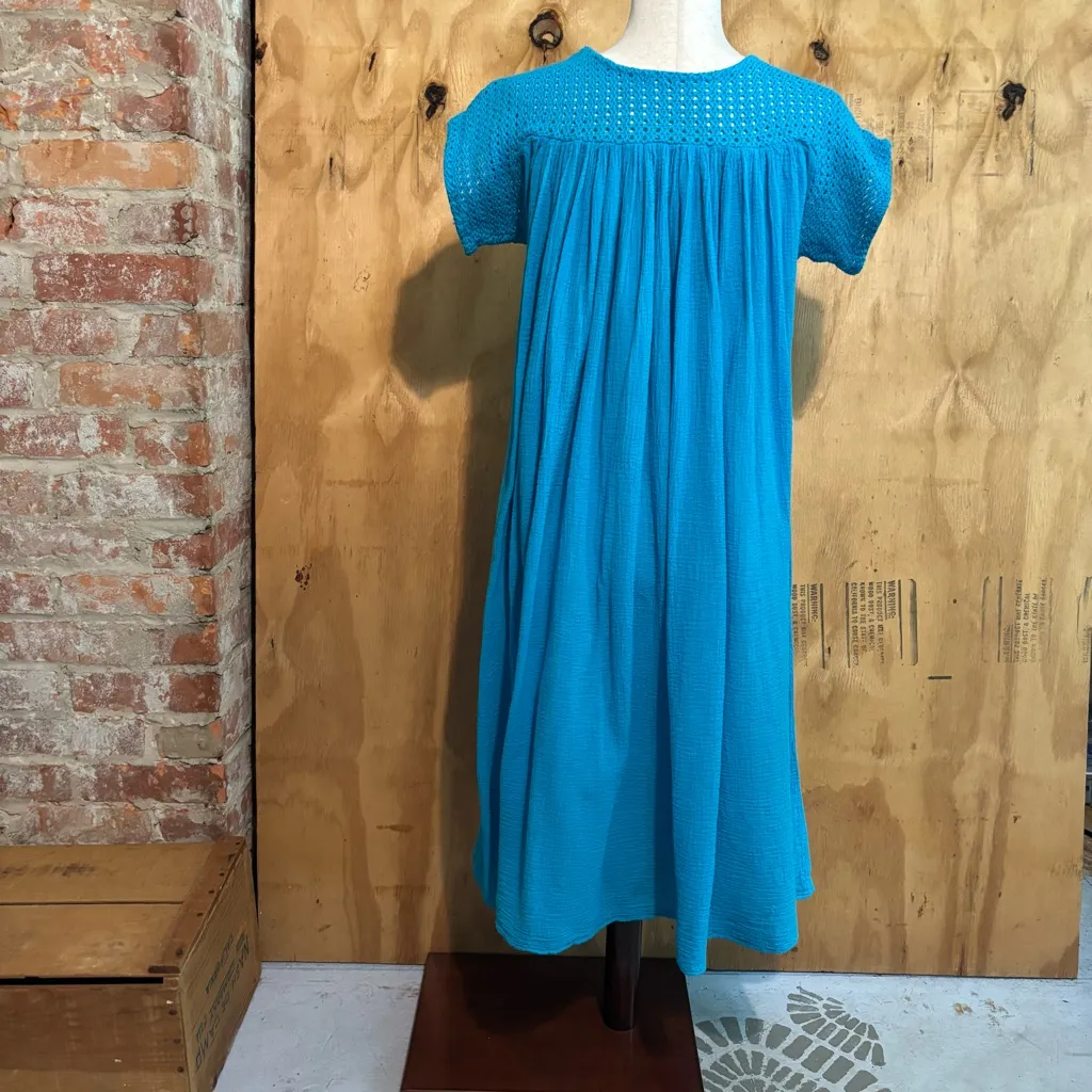 Vintage AC Gauze 70s Turquoise Boho Dress Crochet Bib Flowy 100% Cotton Blue Size undefined - Image 3