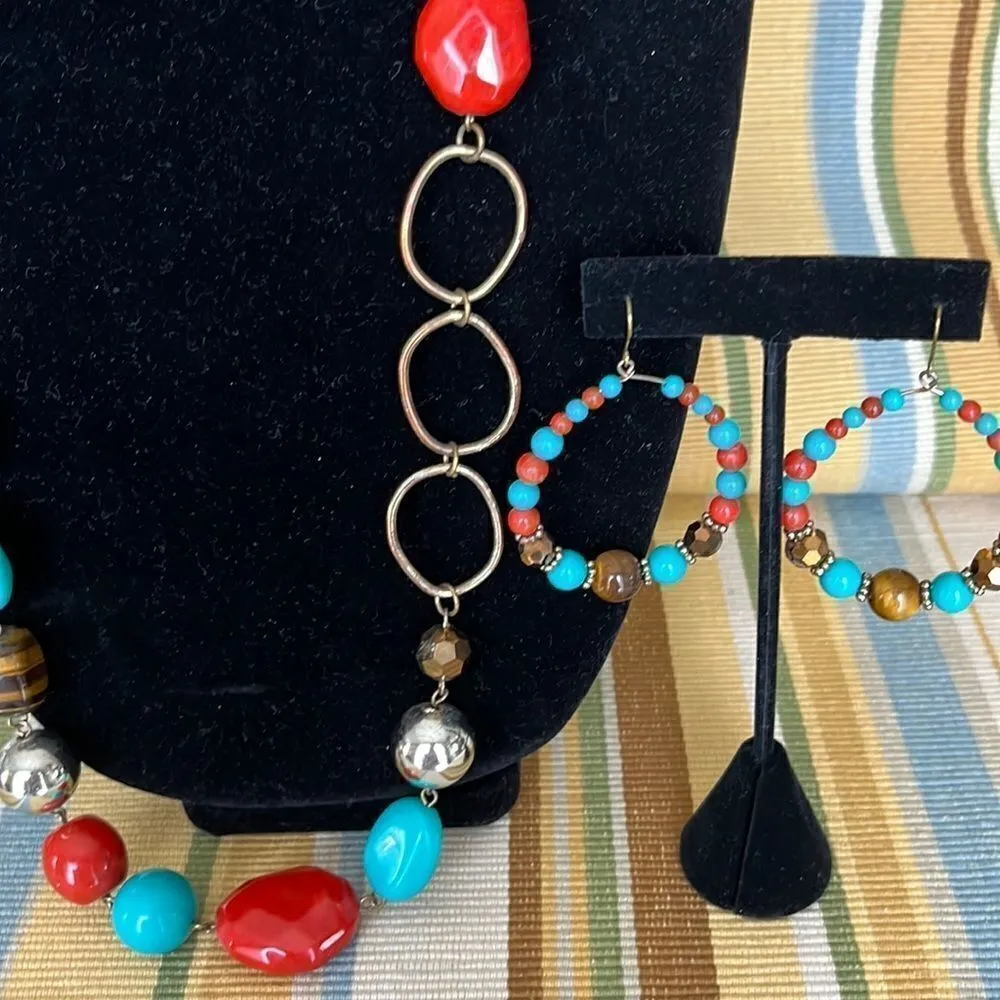 Chunky Turquoise Orange Beaded Rustic Necklace and Earrings Bohemian Jewelry Set Brown - Image 4