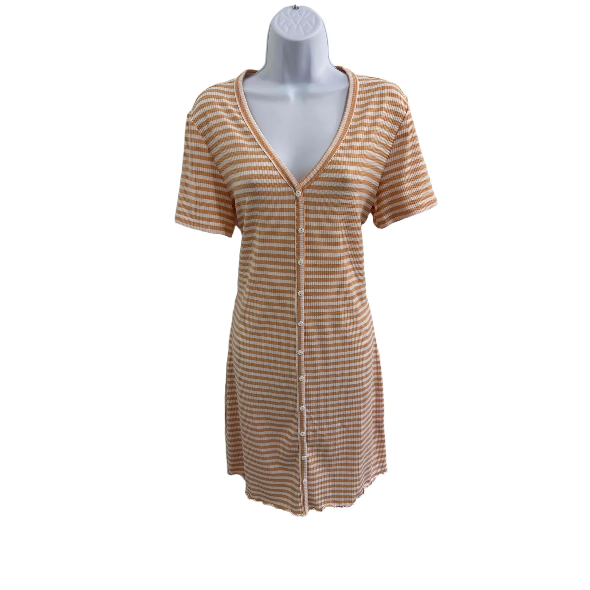 VERO MODA White Stripe Pattern Button‎ Down V Neck Short Sleeve Dress Large - Image 4