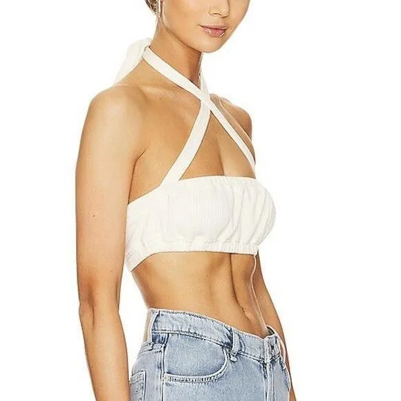 New We Wore What Tie‎ Halter Bra Top Ribbed Knit Crop Top Ivory Size Small (NWT) - Image 2