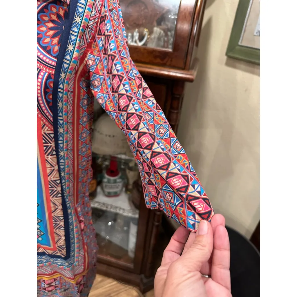 Women's Tolani Long Sleeve Dress M Red Blue Geometric Silk - Image 3