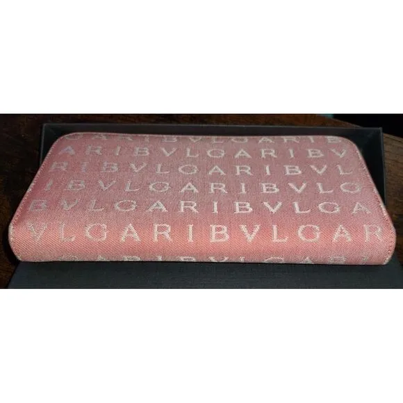 BVLGARI Signature Logo Pink Zip Around Wallet Luxury Designer Monogram Canvas - Image 8