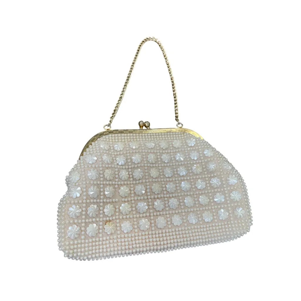 Vintage Honk Kong Pearl Flower Beaded Evening Clutch Purse SKU 9477 White - Image 8
