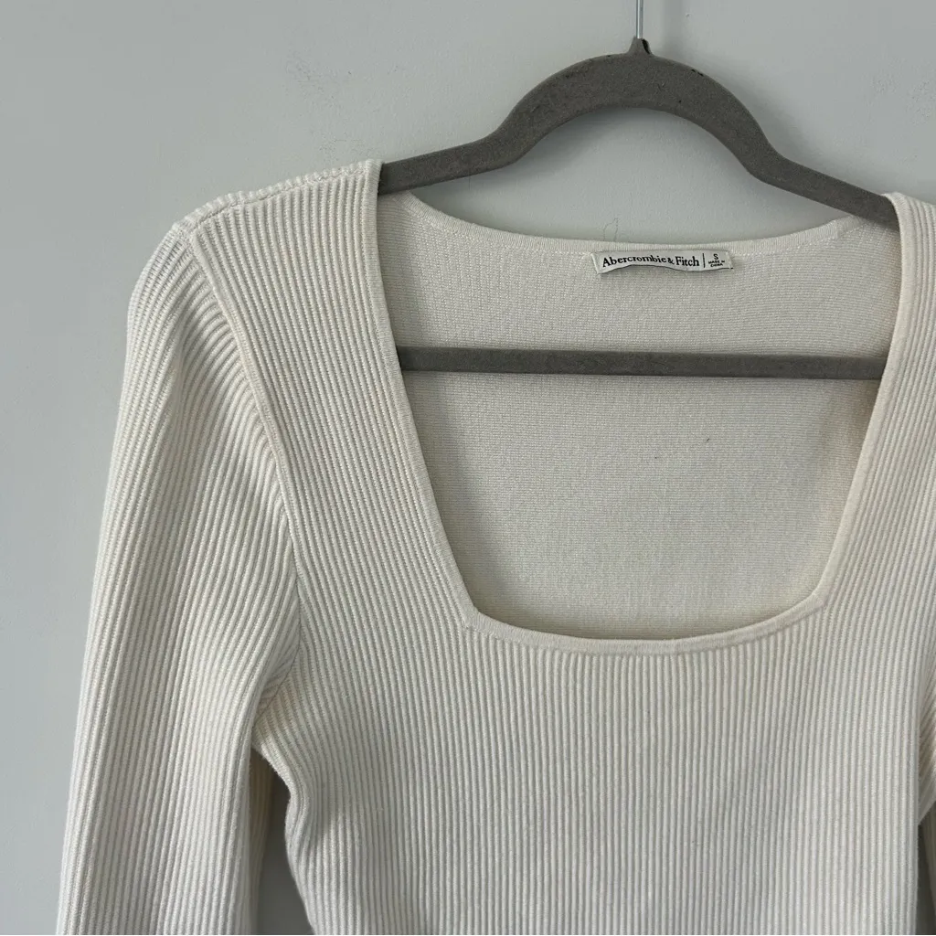 Abercrombie & Fitch Ottoman Square Neck Thick Rib Long Sleeve Bodysuit S Cream - Image 4