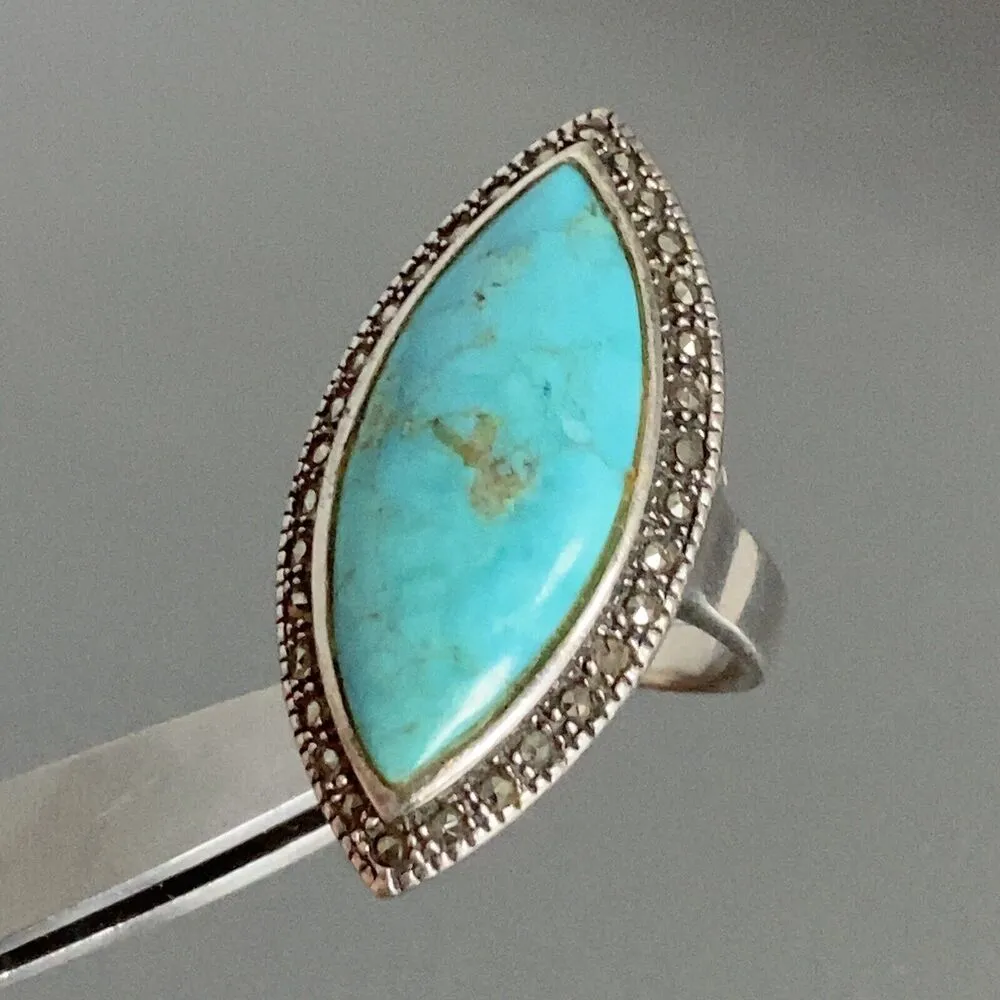 Sterling Silver 925 NK THAILAND Marcasite Turquoise Ring Sz 7.5 Western Blue - Image 2