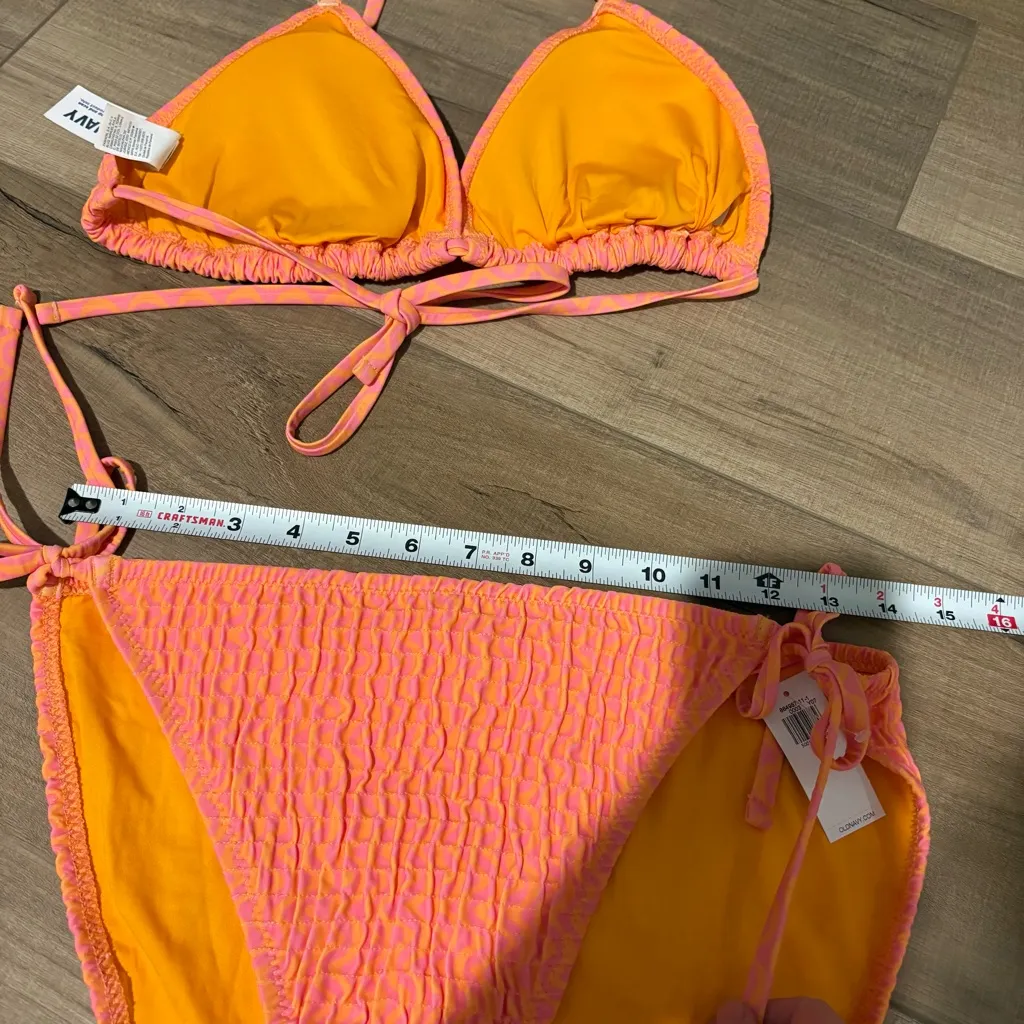 Old Navy Textured Smocked String Bikini Set Vibrant Orange‎ Pink Size Large - Image 8