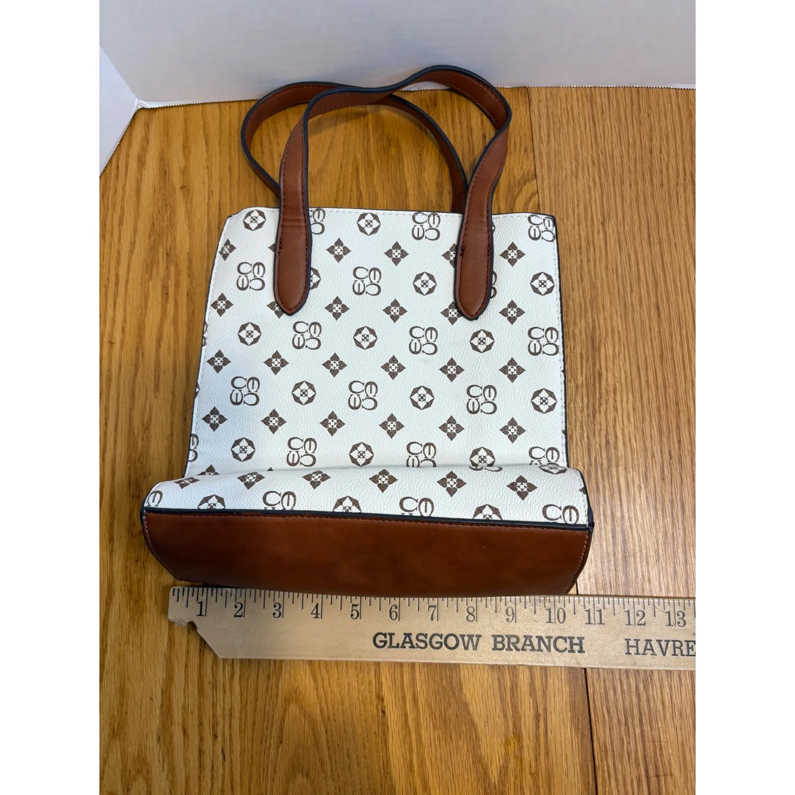 Brown‎ & White Monogram Mini Tote Bag Faux Leather Structured Satchel Purse - Image 10