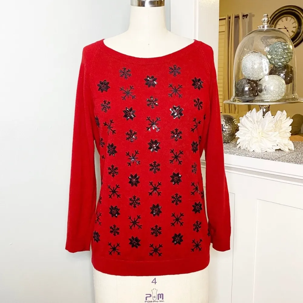 Talbots Red Sequin Lambswool Crew Neck Sweater - Image 2