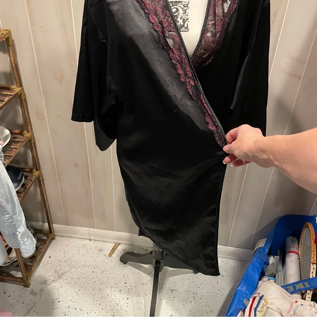 Black silky satin wine lace trim kimono robe whimsigoth midi - Image 11