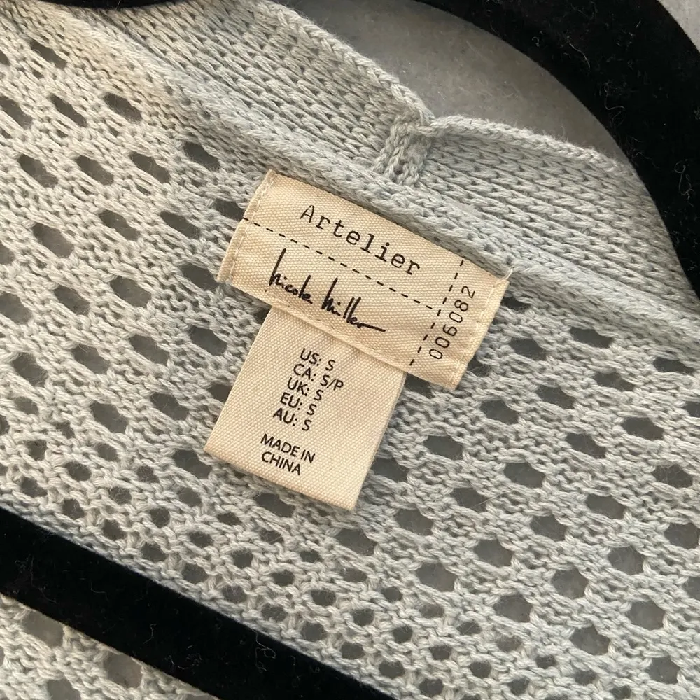 Artelier Nicole Miller Size S Light Blue Open Front Mesh Knit Pocket Cardigan - Image 6