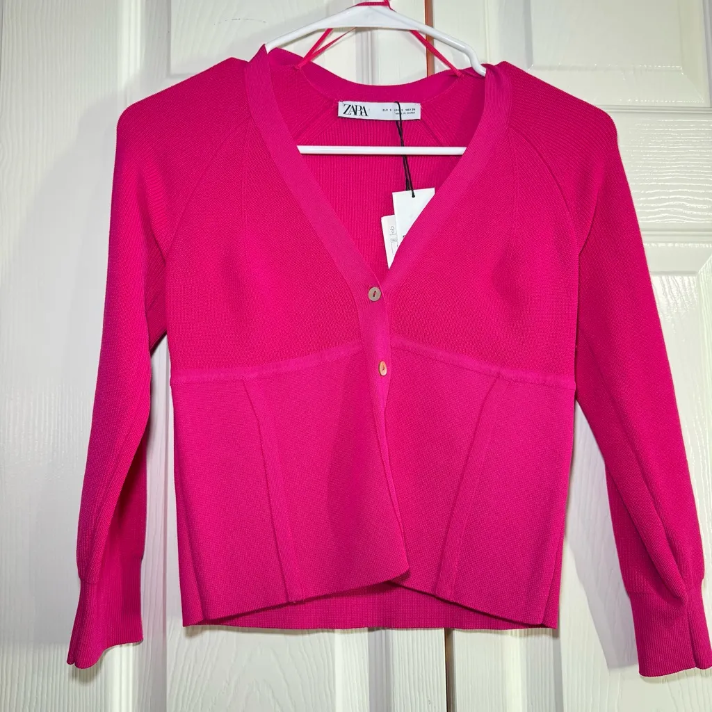 Zara Barbie Pink Seam Detail Knit Cropped Cardigan Fit Sweater - NWT - Small - Image 2