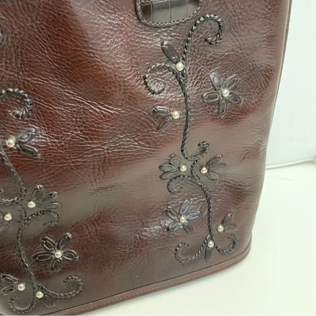 Vintage Brighton Purse Bucket Bag Leather Embroidered Flower Beaded Brown Silver - Image 4