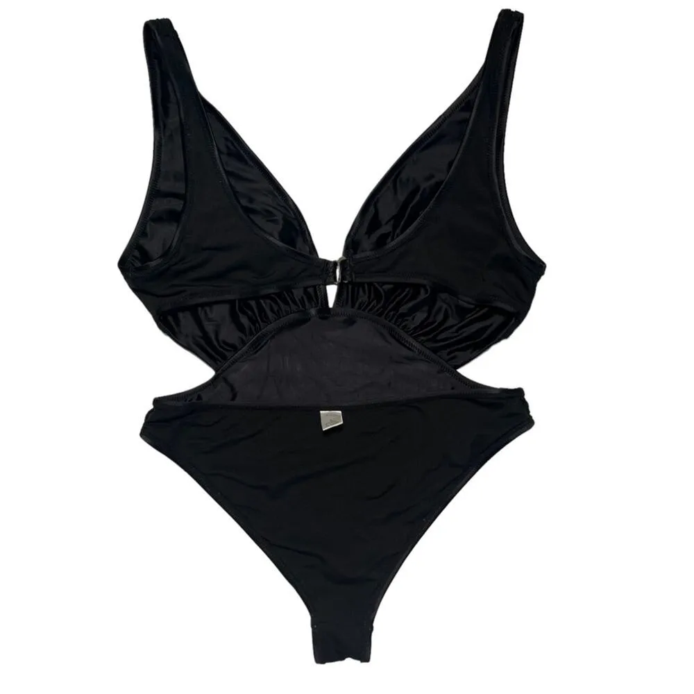 Womens Swimsuit One Piece Black Size Large Cutout Plunging Neck High Thigh Sexy - Image 10
