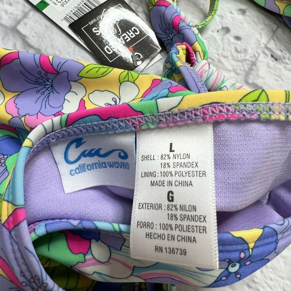 California Waves Juniors' Boho Floral 2pc Bikini Ruffle Side Tie Underwire L New - Image 6