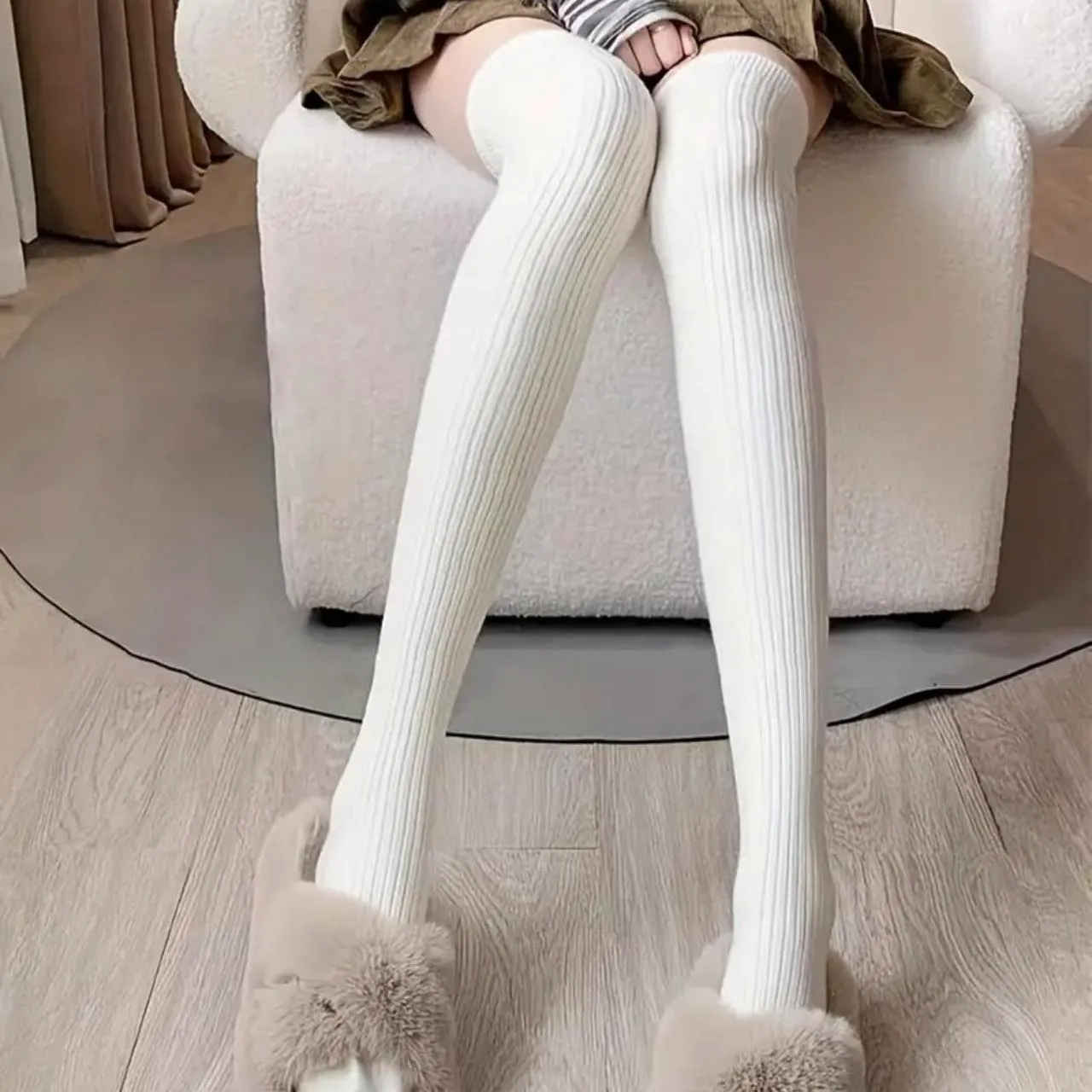 White Cozy Ribbed Thigh High Socks - Image 9