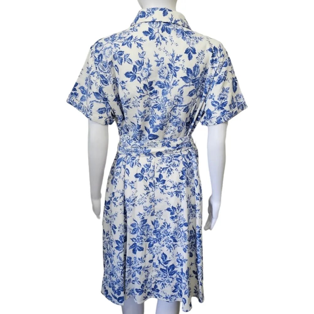 London Style Blue & White Floral Linen Blend Belted Shirtdress Size 14 - Image 5