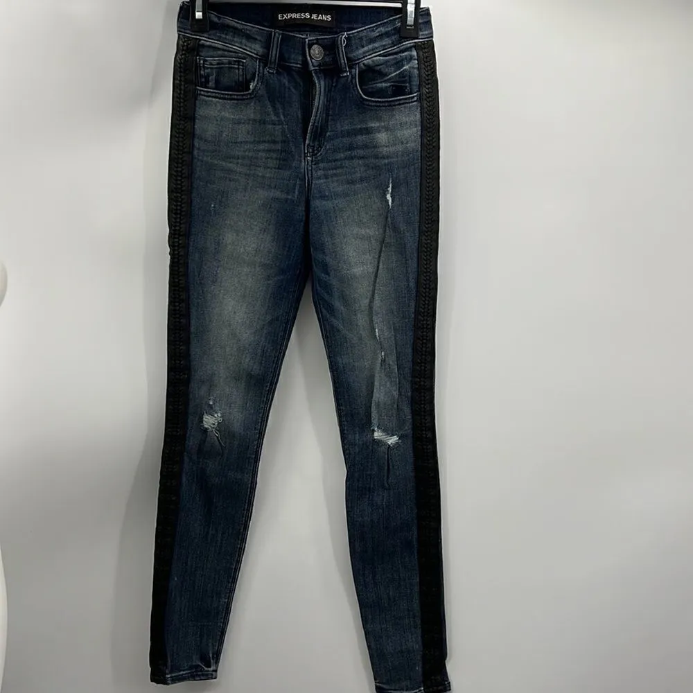 Express Jeans distressed with braided faux leather stripes on outside of legs - Image 2