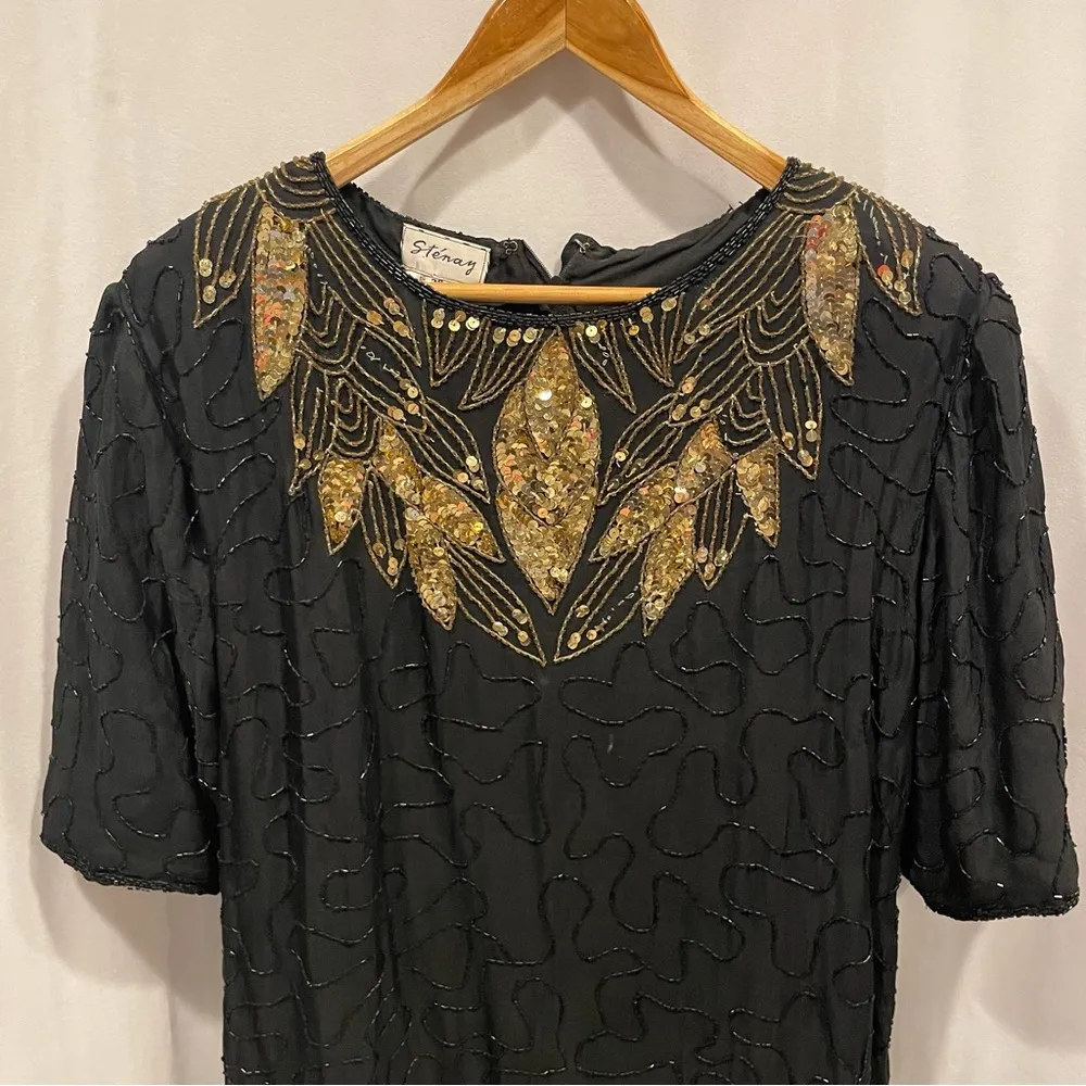 Vintage 80’s stenay black silk short sleeve beaded sequin gold bling leaf dress Size undefined - Image 14