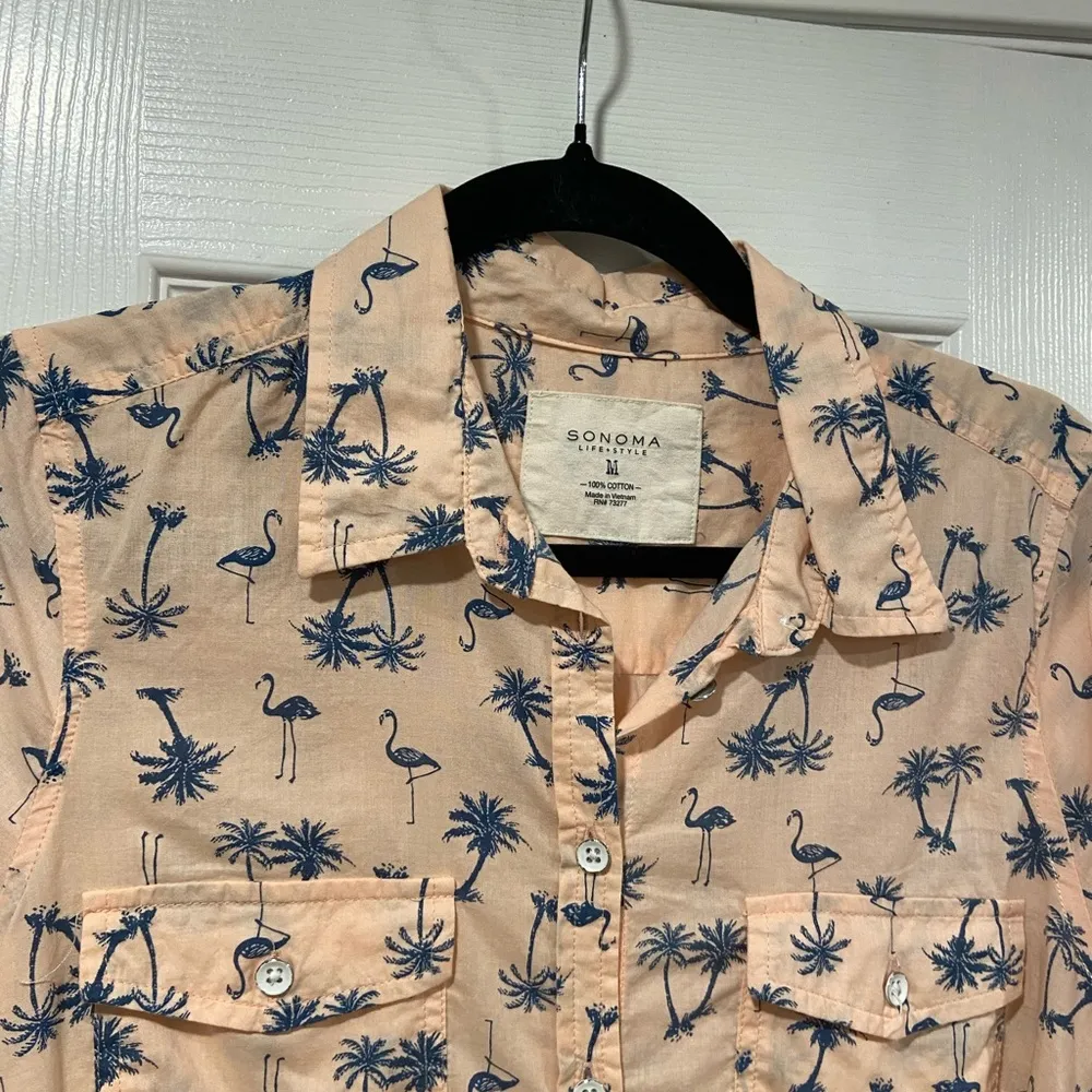 Sonoma Size M Pink Blue 3/4 Sleeve Button Down Shirt Flamingo Palm Tree Print - Image 4