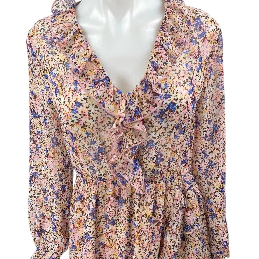 Zara Multicolor Long Puff Sleeve V-Neck Ruffle Cutout A Line Maxi Dress Size M - Image 3