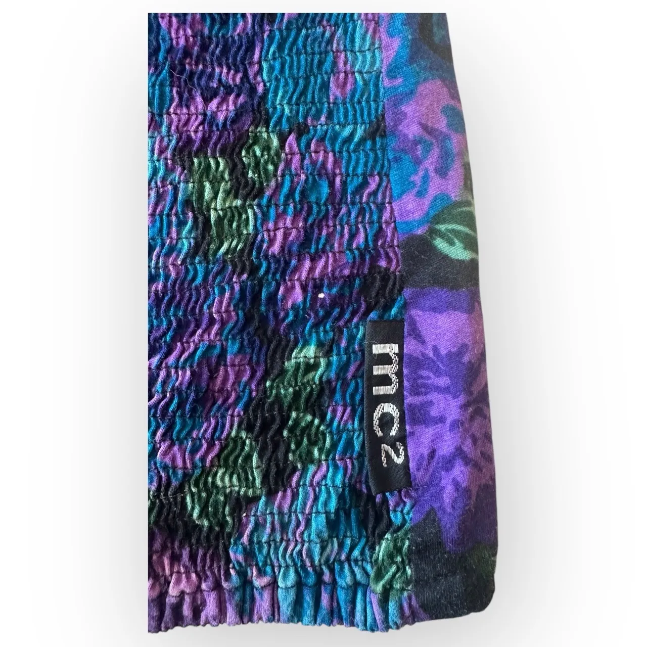 Vintage 90's Floral Shirred Smocked Scoop Neck Short Sleeve Shirt Purple Size L - Image 2