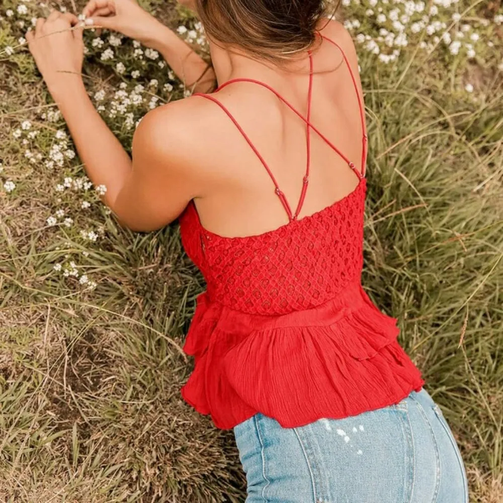 Free People Adella Cami Crochet Lace Flowy Tiered Crisscross Cherry Red S New - Image 4