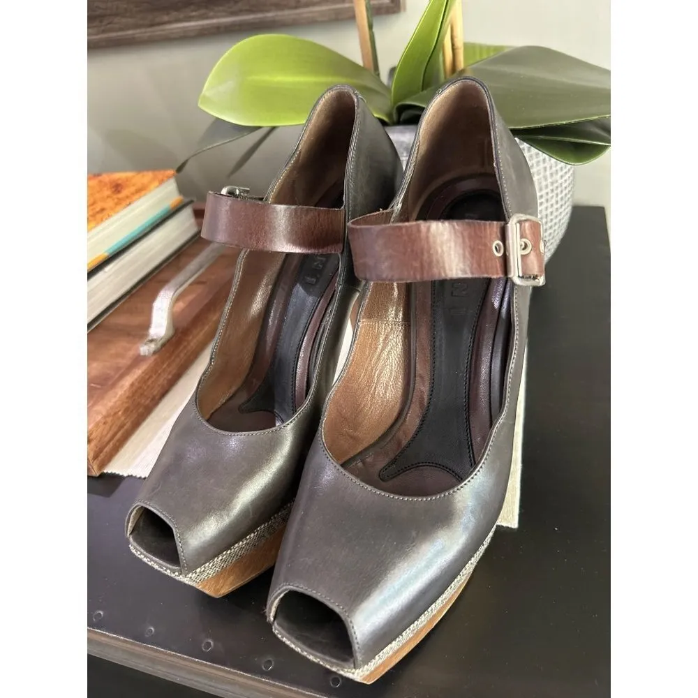 Marni Peep Toe Mary Jane Platform Pump Gray Brown Womens Size 7 - Image 2