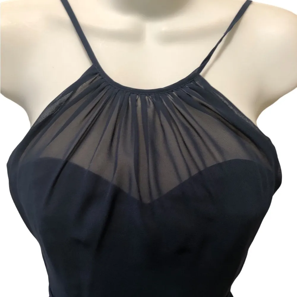 Azazie Alayna Short Bridesmaid A Line Dress Navy Sz J12  High Neck Sheer Chiffon - Image 4