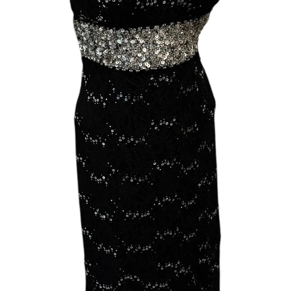 My Michelle Black Sequin Maxi Long Gown Sz 11 Plunging Neck High Split - Image 5